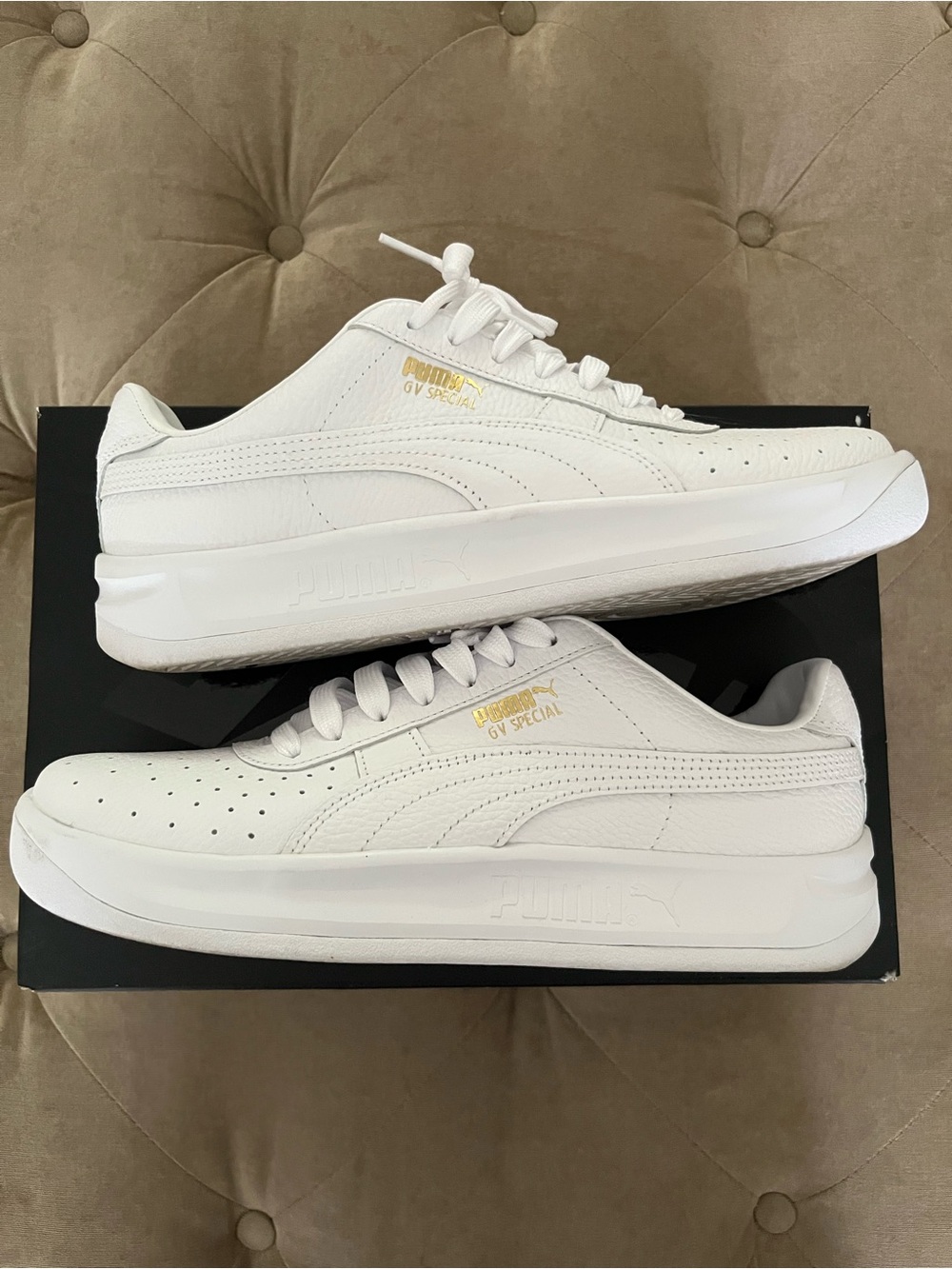 Puma GV Special Men's White Leather Sneakers with Gold Accents size 9.5